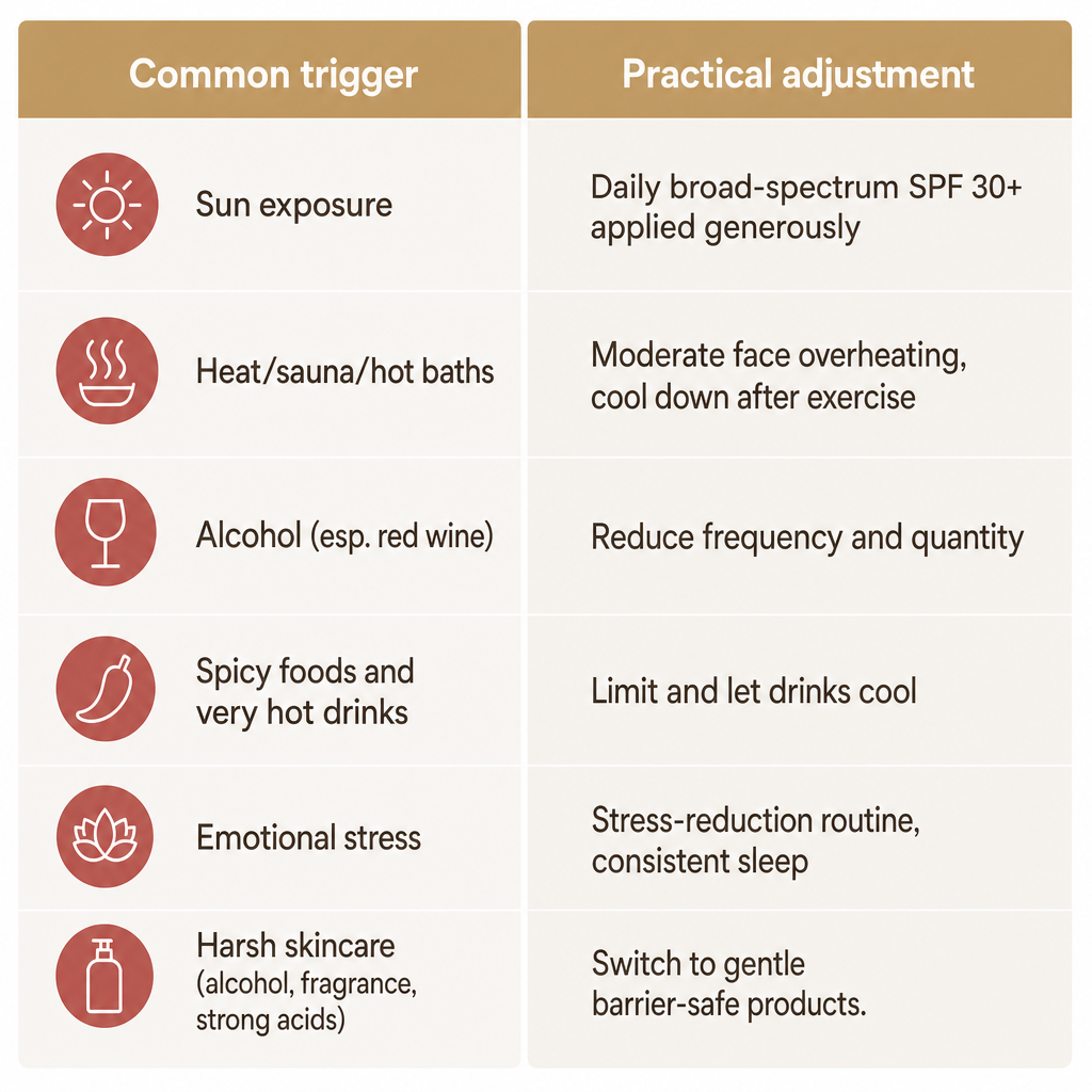 Comparison table pairing six common rosacea triggers with a practical adjustment for each.