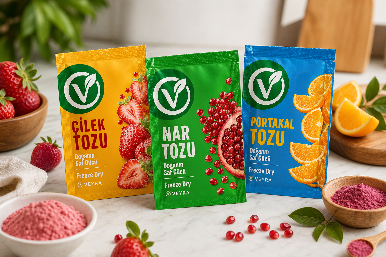 VeyraDry portakal, nar ve çilek tozu paketlerinin önden görünümü