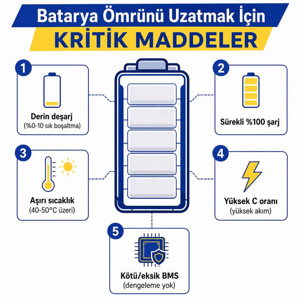 Bataryayı yaşlandıran beş mekanizmayı gösteren infografik: derin deşarj, yüksek şarj seviyesi, aşırı sıcaklık, yüksek akım ve zayıf BMS.
