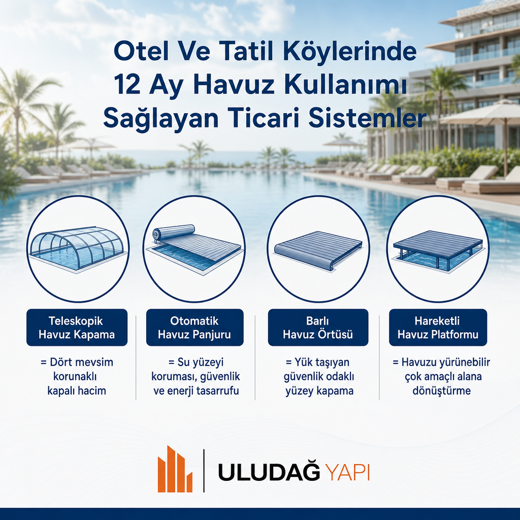 Dört havuz sisteminin işlevlerini karşılaştıran görsel: teleskopik kapama, otomatik panjur, barlı örtü ve hareketli platform.