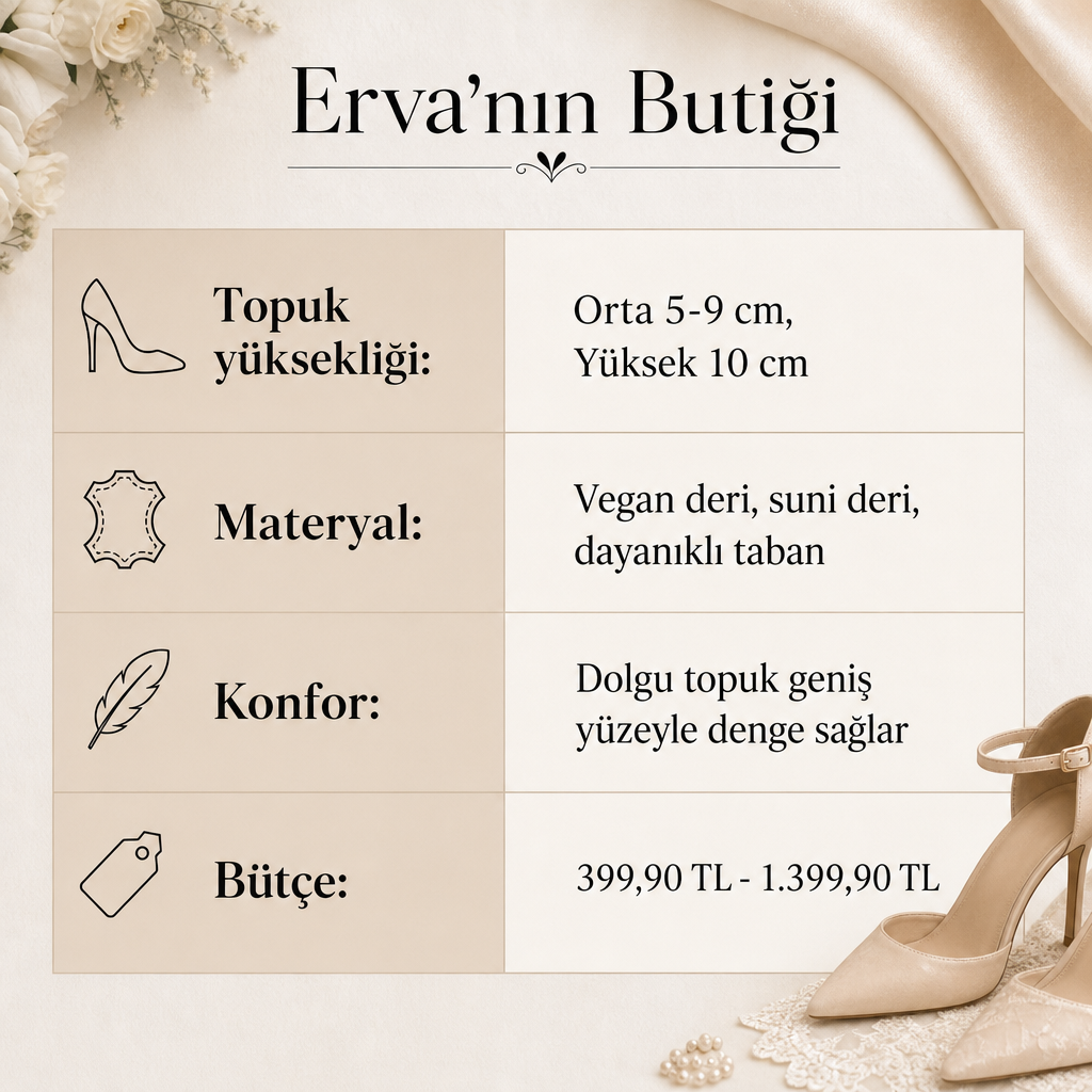 Düğün için topuklu ayakkabı seçiminde topuk yüksekliği, materyal, konfor ve bütçe kriterlerini gösteren karşılaştırma görseli