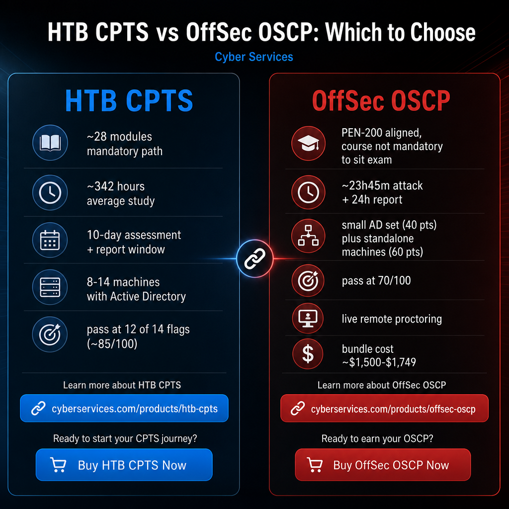 Side-by-side comparison of CPTS and OSCP exam structure, duration, scope, and scoring