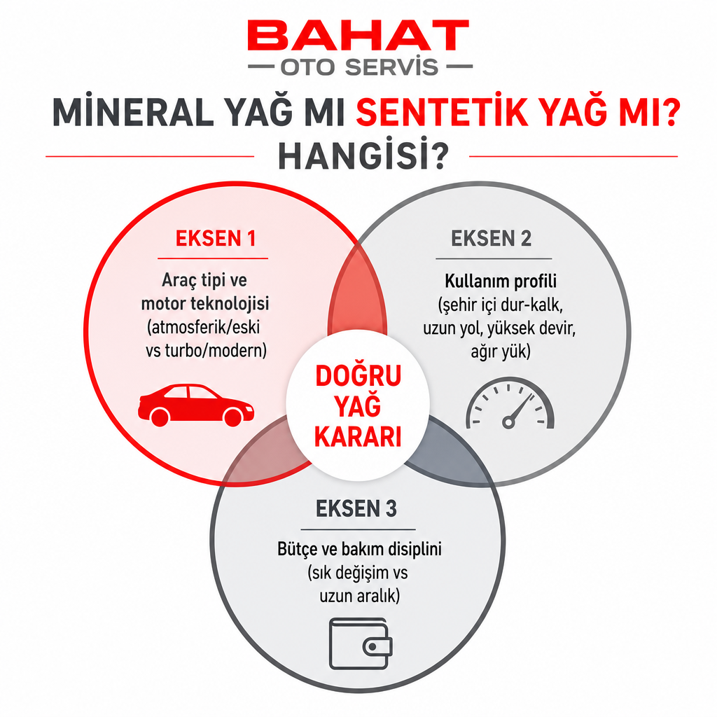 Yağ seçimini belirleyen araç tipi, kullanım profili ve bütçe eksenlerini gösteren üç halkalı infografik.