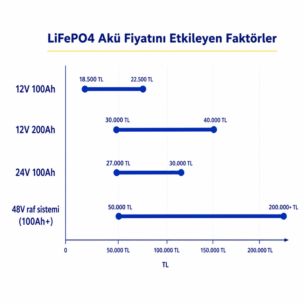 Dört LiFePO4 akü sınıfı için Eylül 2026 fiyat aralıklarını gösteren çubuk grafik