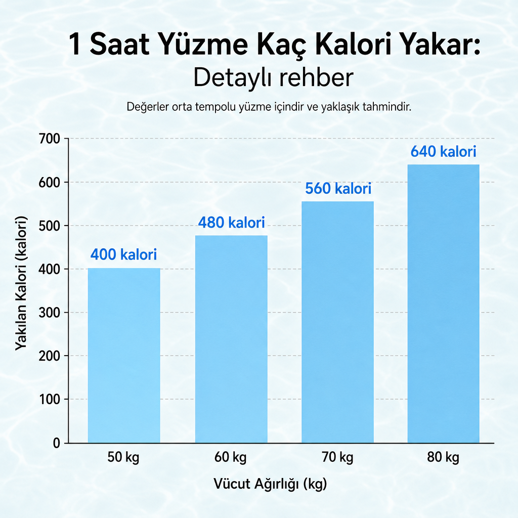 50, 60, 70 ve 80 kilogram için 1 saat orta tempolu yüzmede yaklaşık kalori yakımını gösteren çubuk grafik.
