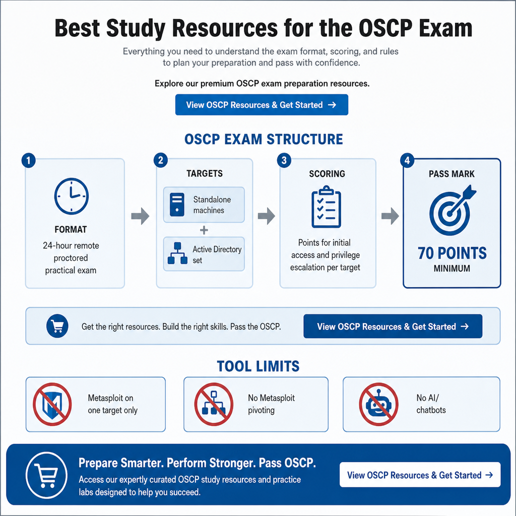 Infographic summarizing OSCP exam format, target types, tool restrictions, and the 70-point passing threshold