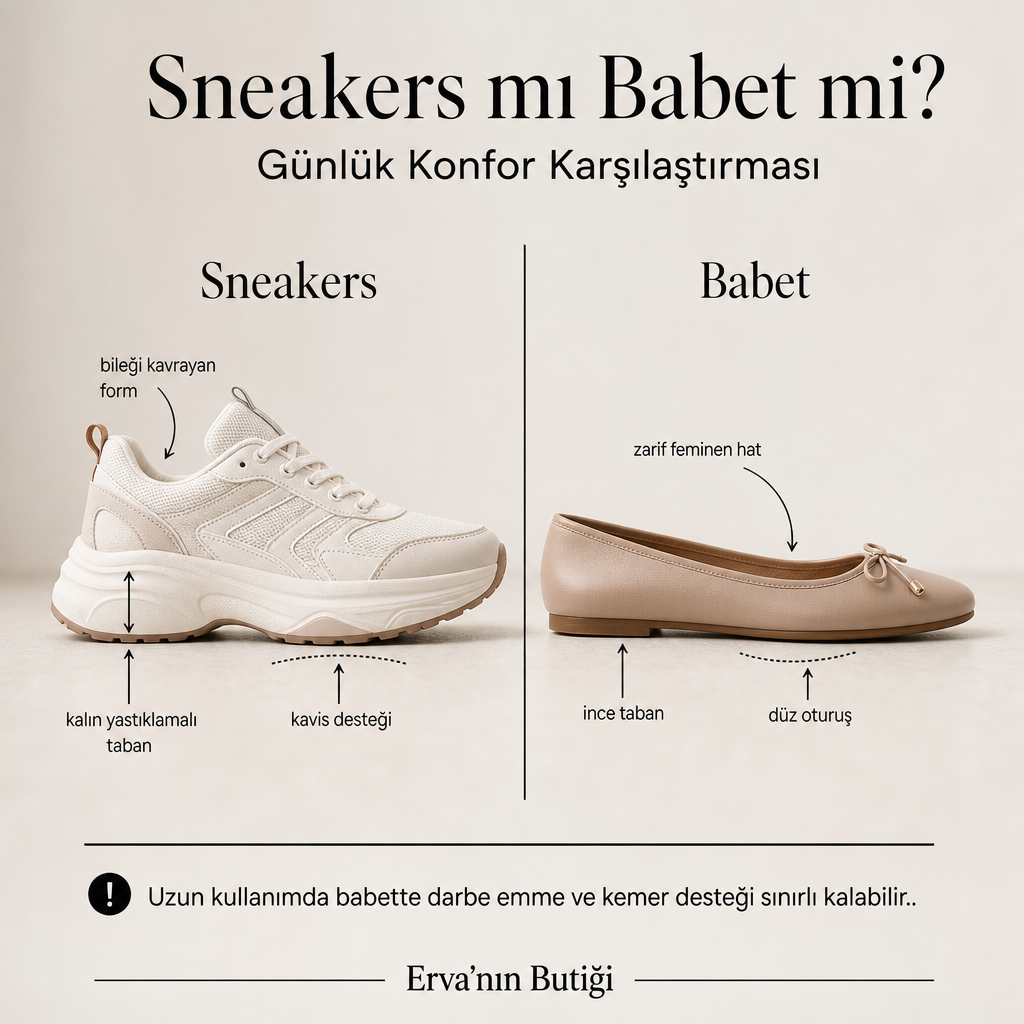 Sneakers ile babetin taban kalınlığı ve ayak desteği açısından yan yana karşılaştırması