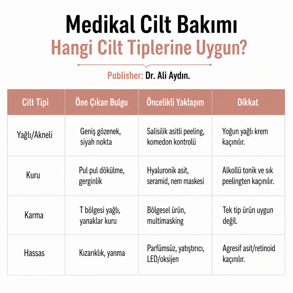Yağlı, kuru, karma ve hassas ciltler için öne çıkan bulgu, öncelikli yaklaşım ve dikkat edilecek noktaları gösteren karşılaştırma tablosu