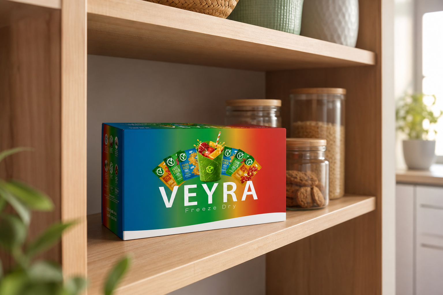 Mutfak dolabında serin ve kuru bir rafta duran VeyraDry karma meyve tozu kutusu