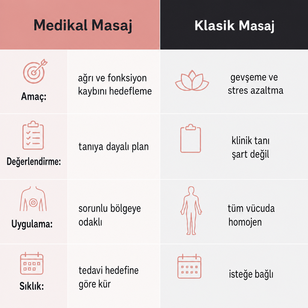 Medikal masaj ve klasik masajın amaç, değerlendirme, uygulama ve sıklık açısından karşılaştırıldığı görsel
