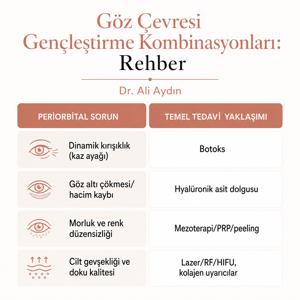 Göz çevresindeki dört ana sorunun karşısına en uygun tedavi yönteminin eşleştirildiği karşılaştırma görseli