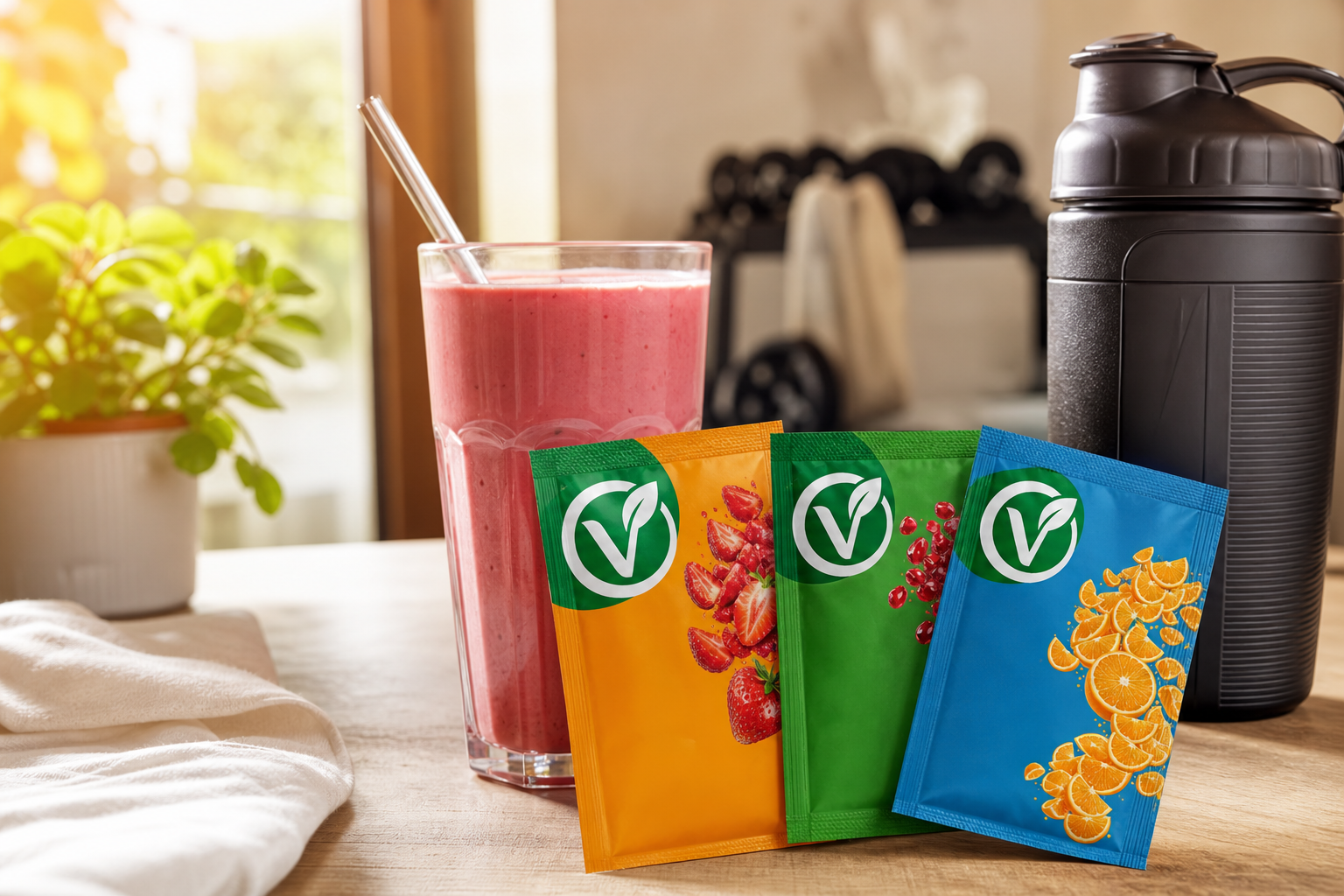 VeyraDry çilek, nar ve portakal tozu paketleri bir smoothie bardağı ve spor matarasının yanında