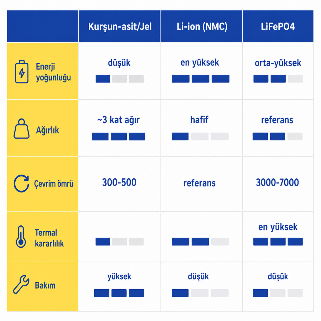 Kurşun-asit, NMC ve LiFePO4 bataryaların enerji yoğunluğu, ağırlık, çevrim ömrü, termal kararlılık ve bakım açısından karşılaştırma tablosu