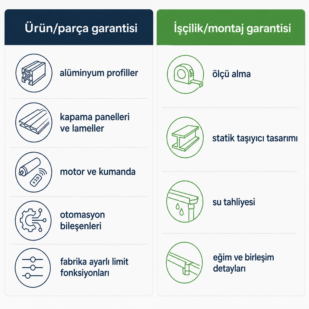 Pergola garantisinin ürün garantisi ve montaj garantisi olmak üzere iki katmanını gösteren karşılaştırma görseli