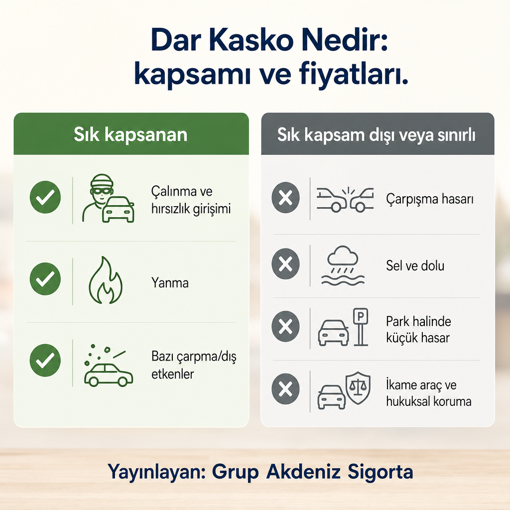 Dar kaskoda genellikle kapsanan ve kapsam dışı kalan risklerin karşılaştırma görseli