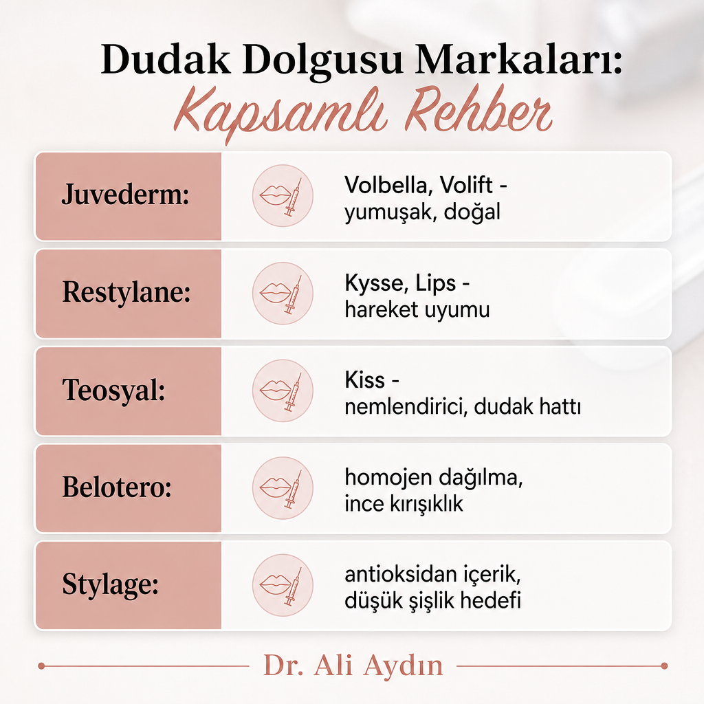 Beş dudak dolgusu markasının serilerini ve karakteristik özelliklerini gösteren karşılaştırma görseli