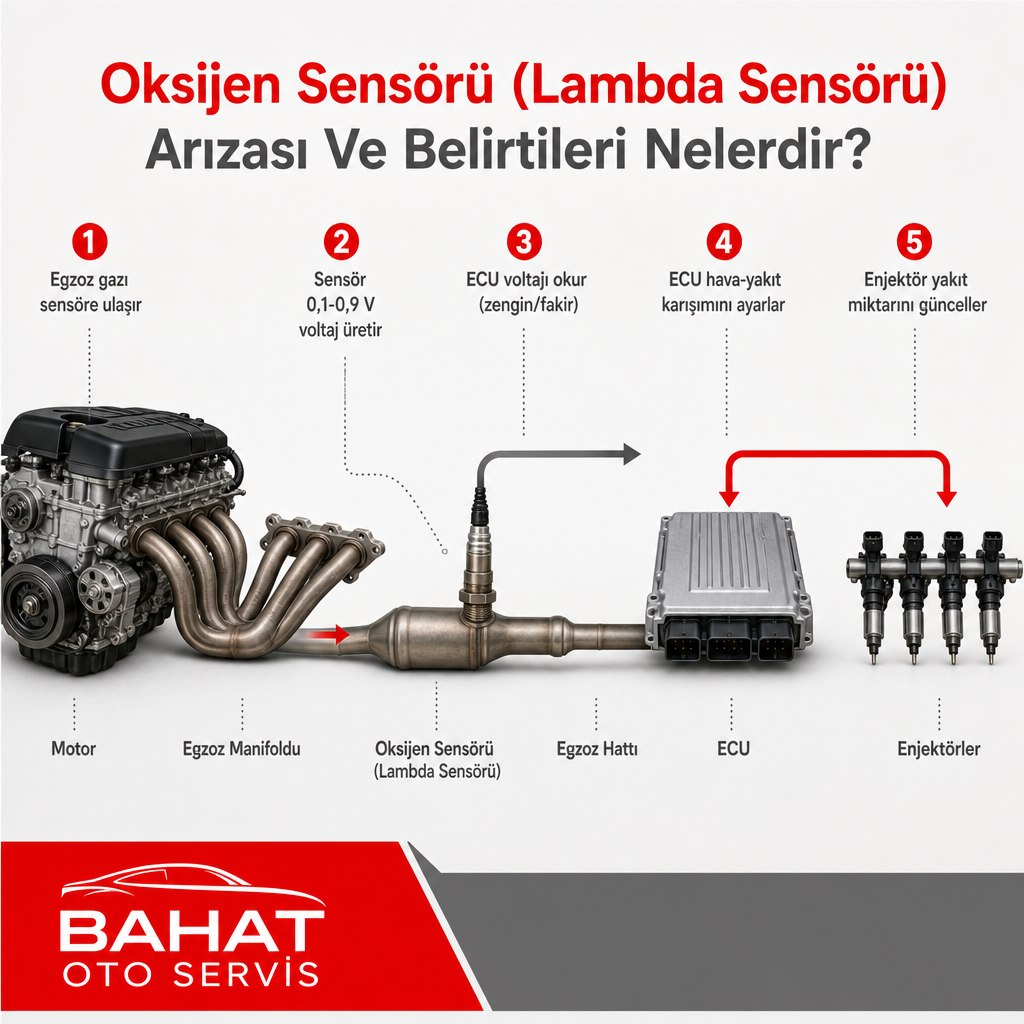 Egzoz gazından oksijen sensörüne, oradan ECU'ya ve enjektörlere uzanan karışım ayar döngüsünü gösteren diyagram