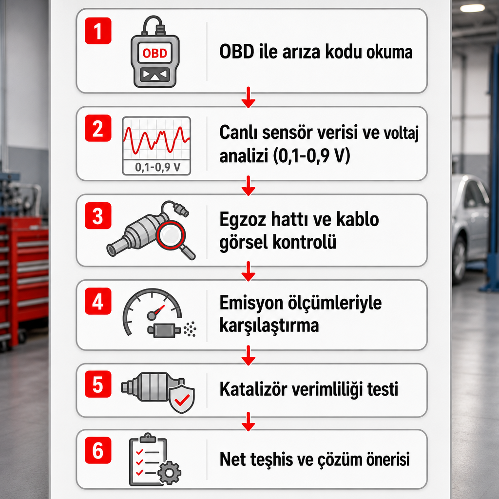 Oksijen sensörü arızasının OBD taramasından net teşhise kadar altı adımlı teşhis sürecini gösteren şema