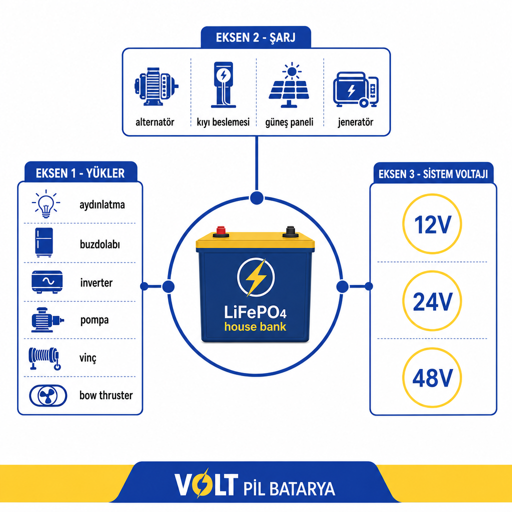 LiFePO4 house bank merkezde; yükler, şarj kaynakları ve sistem voltajı olmak üzere üç eksen bağlı