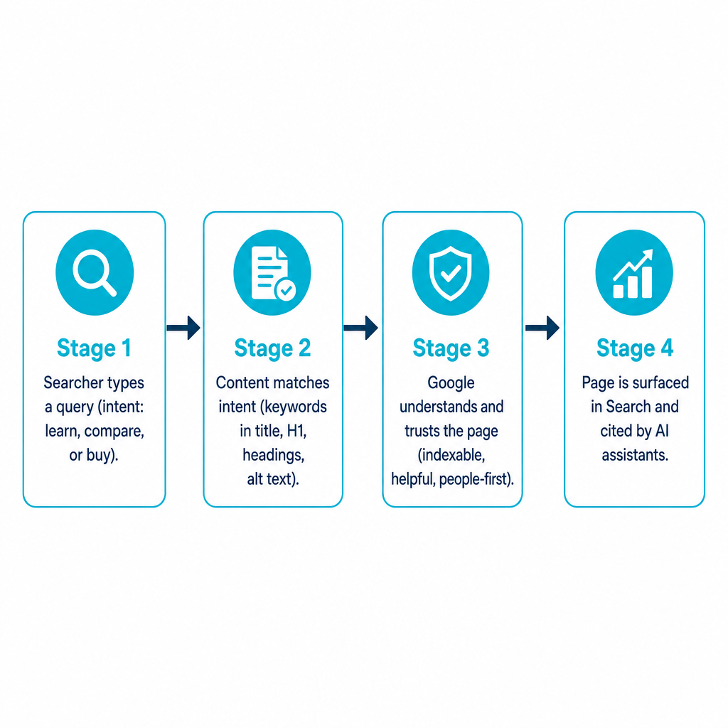 Four-stage diagram showing a search query moving through intent matching, Google understanding and trust, to a ranked and AI-cited result.