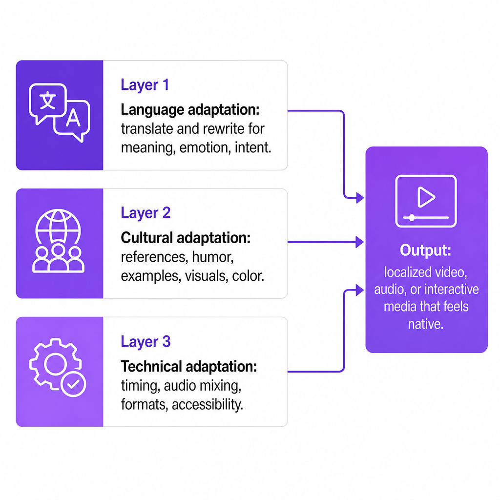 Diagramma di tre livelli di localizzazione - linguistico, culturale e tecnico - che si combinano in un output dall'aspetto nativo.