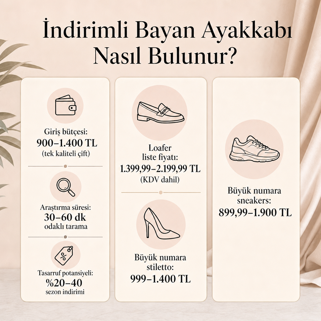 Bütçe, süre ve tasarruf oranlarını gösteren üç sütunlu indirimli ayakkabı infografiği