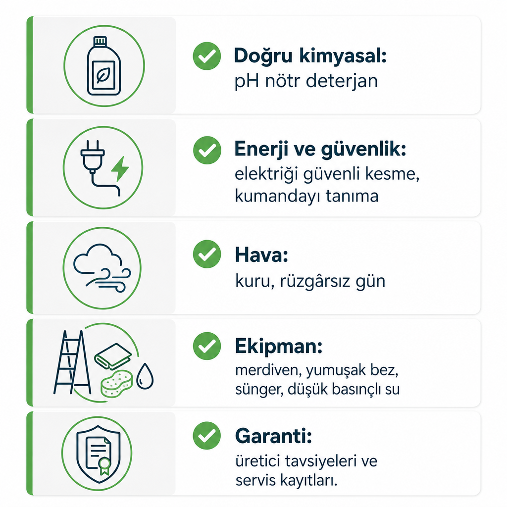 Bakım öncesi beş hazırlık başlığını gösteren dikey kontrol listesi görseli