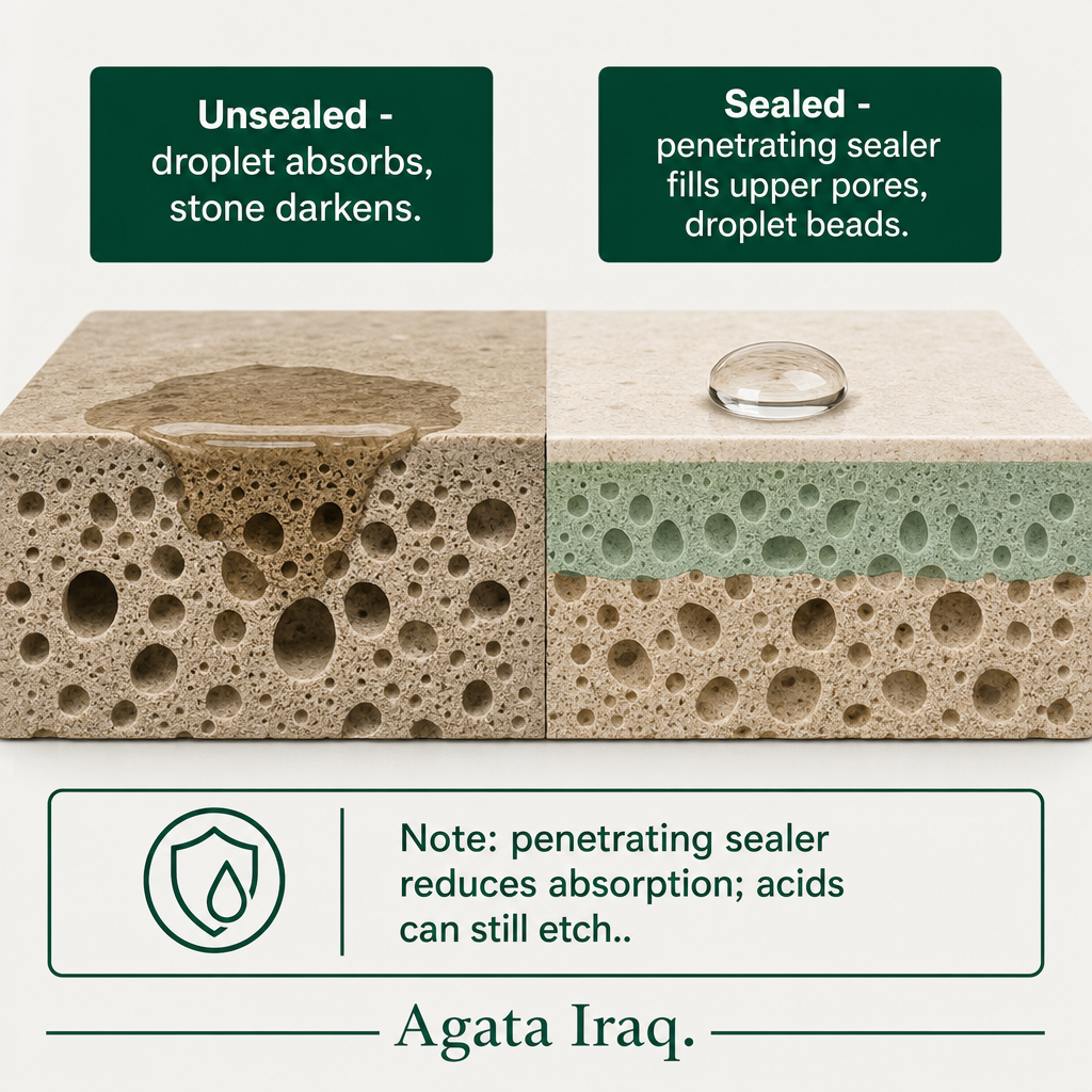 Cross-section diagram contrasting an unsealed travertine tile absorbing water with a sealed tile where water beads on the surface.