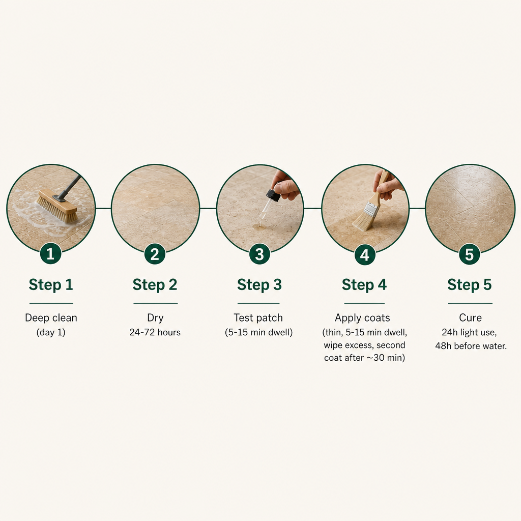Five-step timeline showing cleaning, drying for 24 to 72 hours, patch testing, coating, and curing for 24 to 48 hours.