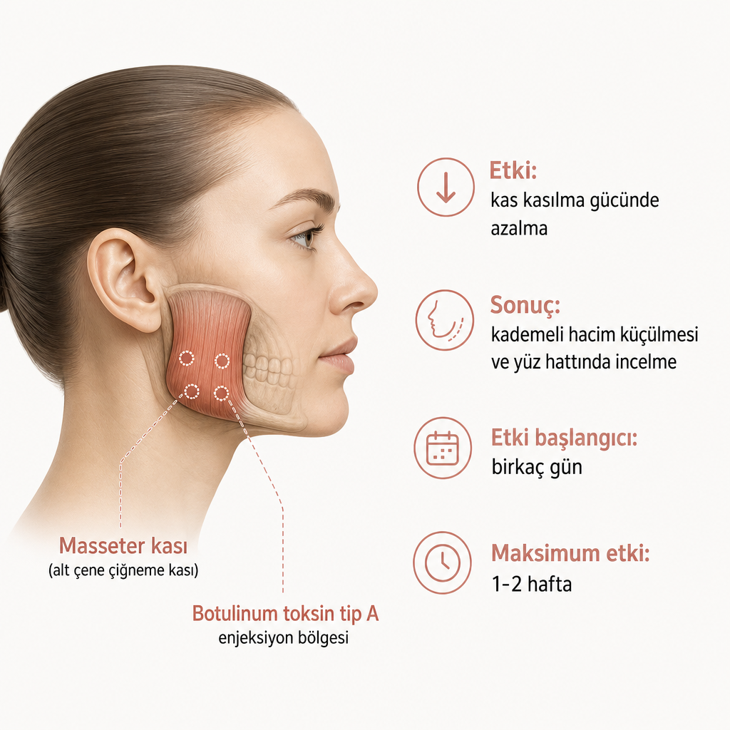 Alt çenede masseter kasının konumunu ve botoks enjeksiyon bölgesini gösteren anatomik diyagram