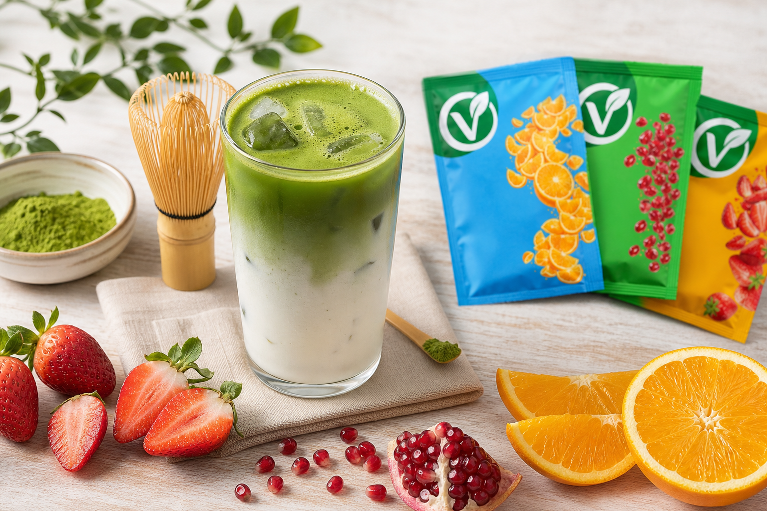 Yeşil matcha latte bardağının yanında çilek, nar ve portakal tozu poşetleriyle taze meyveler