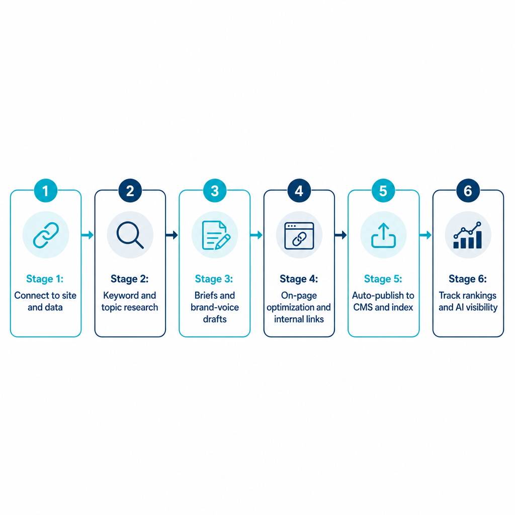 Six-stage diagram showing how an AI SEO platform moves from site connection to keyword research, drafting, optimization, publishing, and tracking.