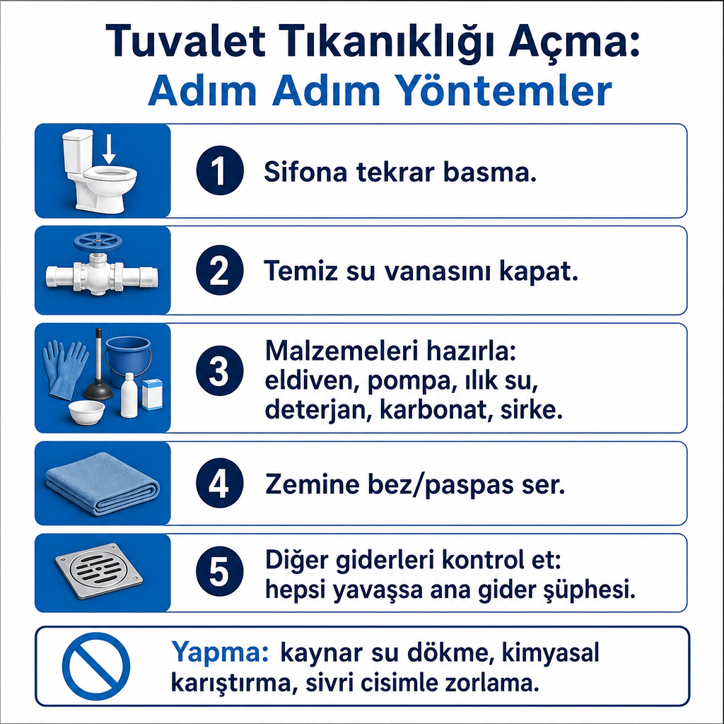 Tuvalet tıkanıklığı açmaya başlamadan önce yapılması ve yapılmaması gerekenleri gösteren kontrol listesi