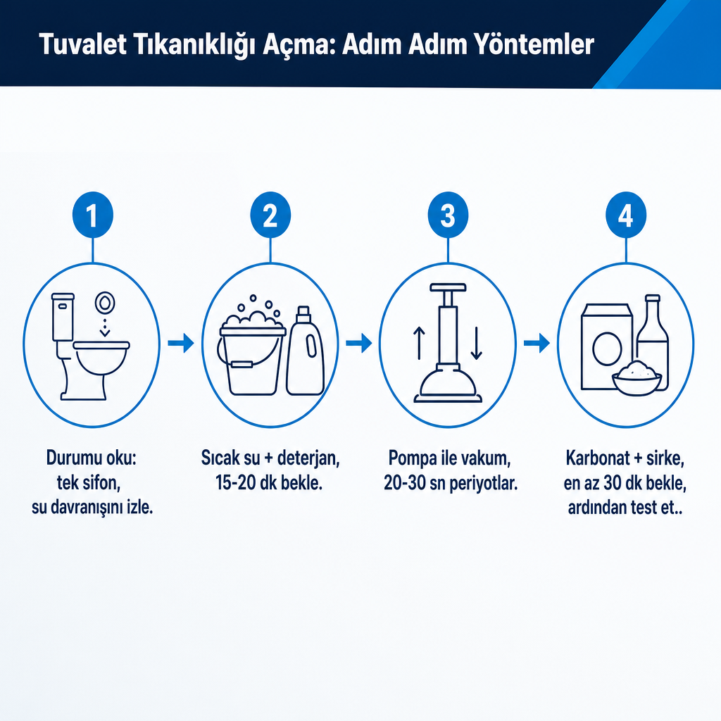 Tuvalet tıkanıklığını hafif yöntemden güçlüye doğru açma adımlarının süreç şeması