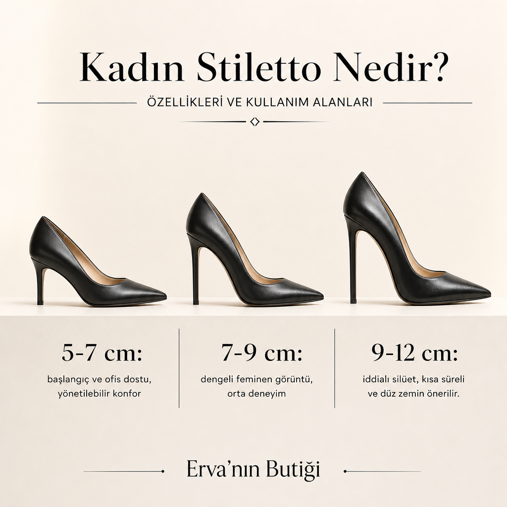 Stiletto topuk yüksekliği aralıklarını ve önerilen kullanımlarını gösteren karşılaştırma görseli