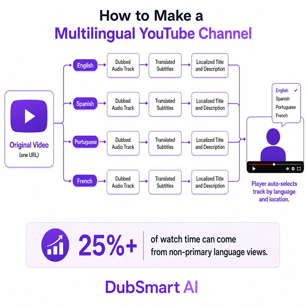 Diagramma che mostra un video YouTube che si ramifica in quattro righe di lingua, ciascuna con audio doppiato, sottotitoli e metadati localizzati che alimentano un singolo spettatore.