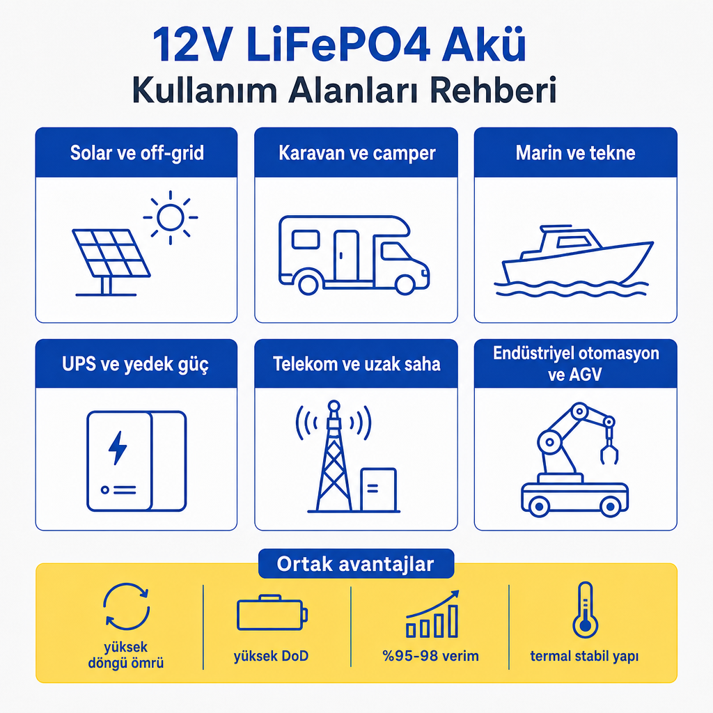12V LiFePO4 akünün altı ana kullanım alanını ve ortak teknik avantajlarını gösteren bilgi grafiği