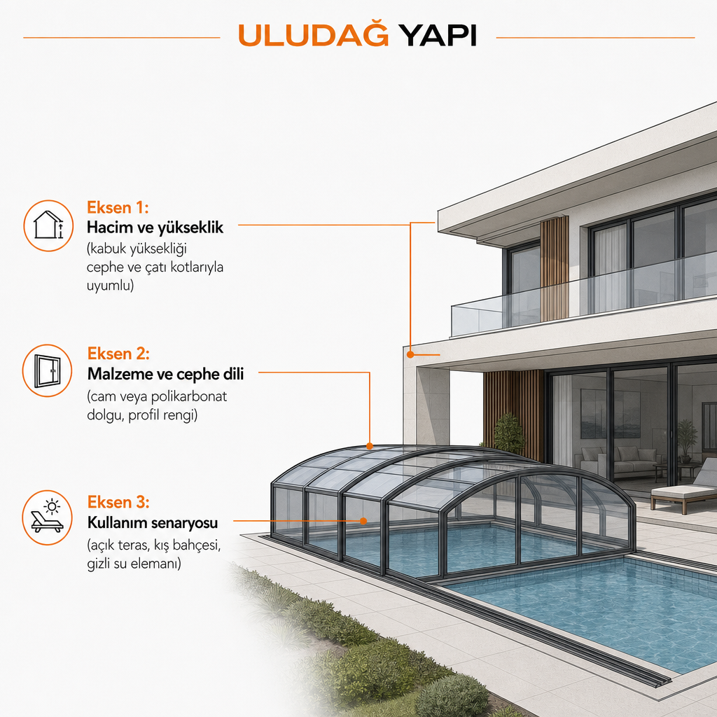 Villa havuzunun mimariyle uyumunu hacim, malzeme ve kullanım senaryosu ekseninde gösteren diyagram