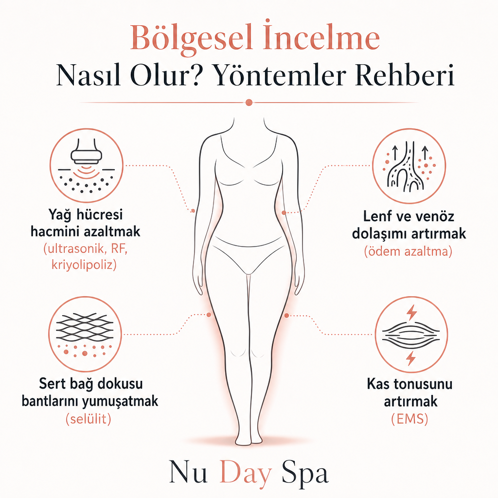 Bölgesel incelmenin dört temel hedefini gösteren infografik: yağ hacmi, dolaşım, bağ dokusu ve kas tonusu