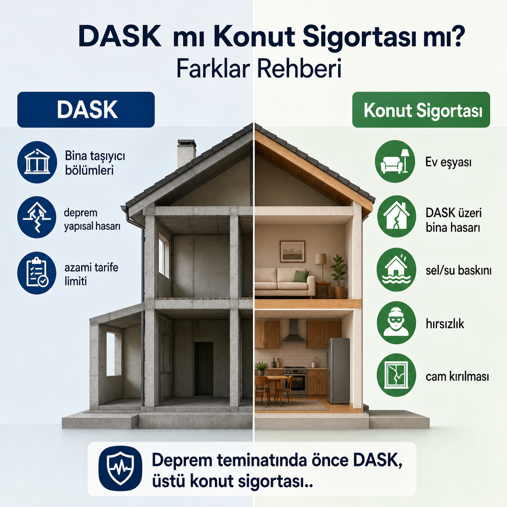 DASK'ın binayı, konut sigortasının eşya ve ek riskleri kapsadığını gösteren karşılaştırma görseli