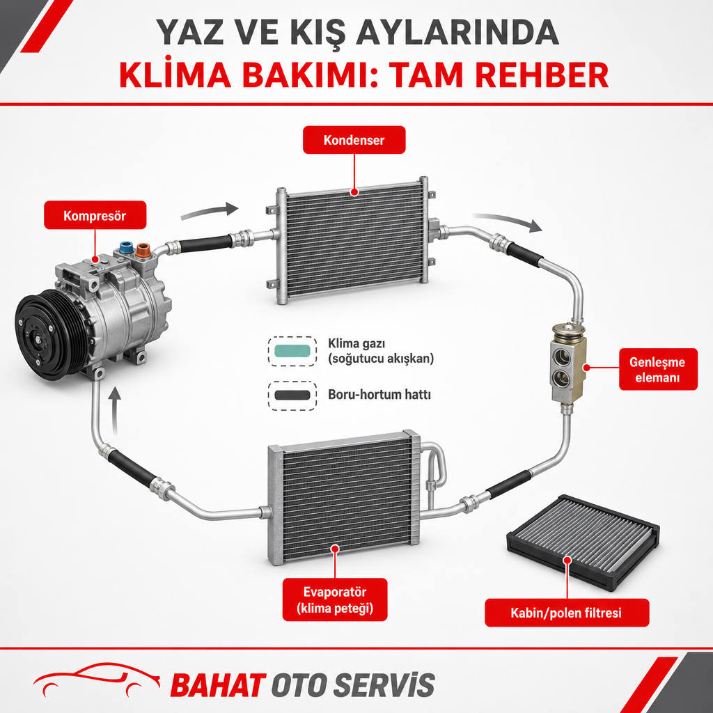 Kompresör, kondenser, evaporatör ve kabin filtresini gösteren araç klima sistemi şeması