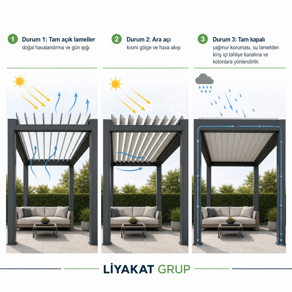 Bioklimatik pergola lamellerinin açık, ara açı ve kapalı konumlarını ve su tahliyesini gösteren teknik şema