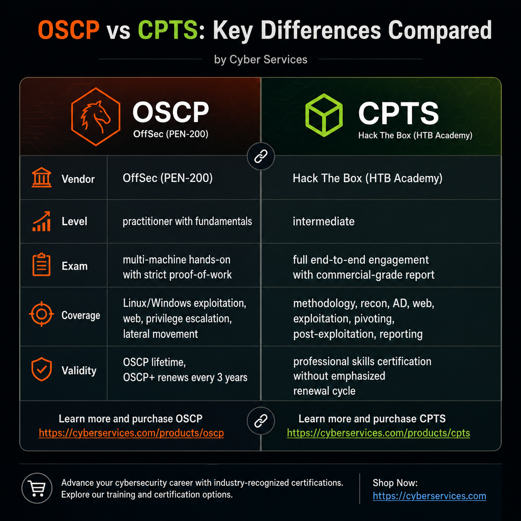 Side-by-side comparison card showing vendor, level, exam style, coverage and validity for OSCP and CPTS