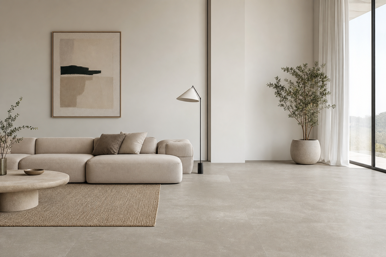 Minimalist living room with a continuous stone-look tile floor, a single sofa, and deliberate empty space