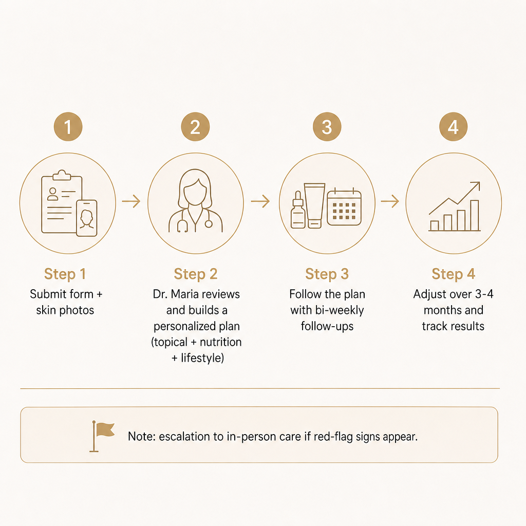 Four-step process showing form and photo submission, personalized plan, bi-weekly follow-ups, and adjustment over three to four months.