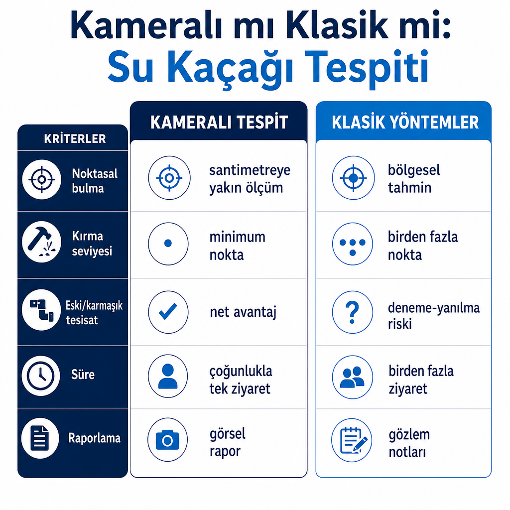 Kameralı ve klasik su kaçağı tespitini beş kritere göre karşılaştıran iki sütunlu görsel