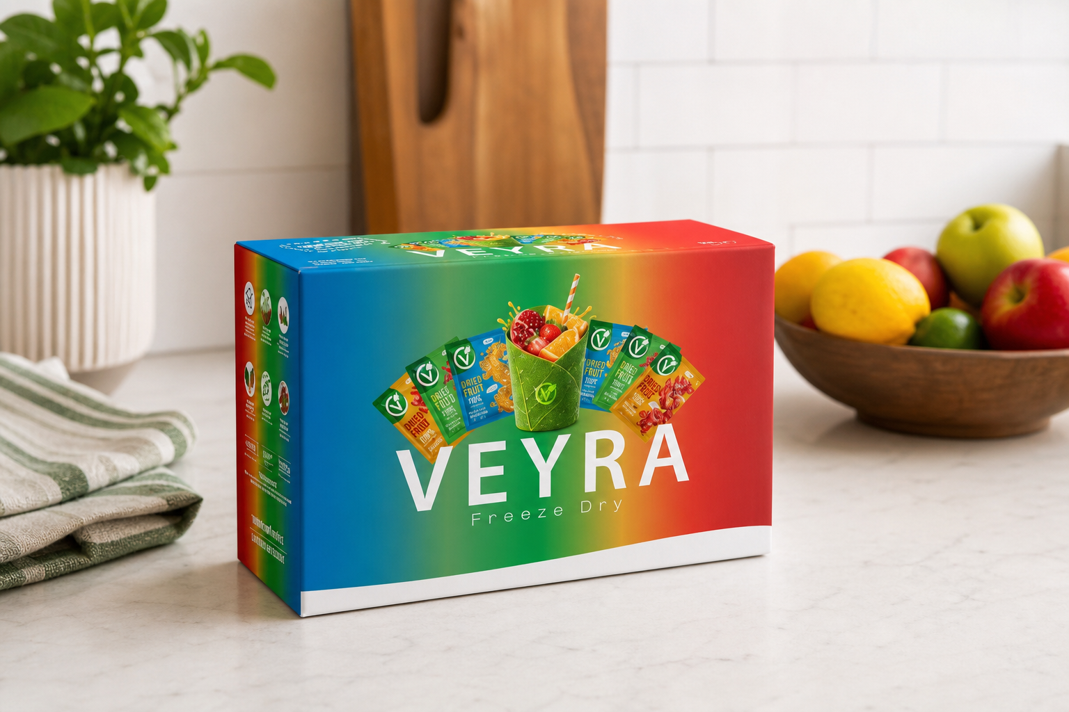 VEYRA Freeze Dry Mixed Fruit Box karma meyve tozu kutusu beyaz zeminde