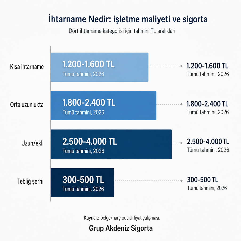 Dört ihtarname türü için 2026 tahmini TL maliyet aralıklarını gösteren bar grafiği.