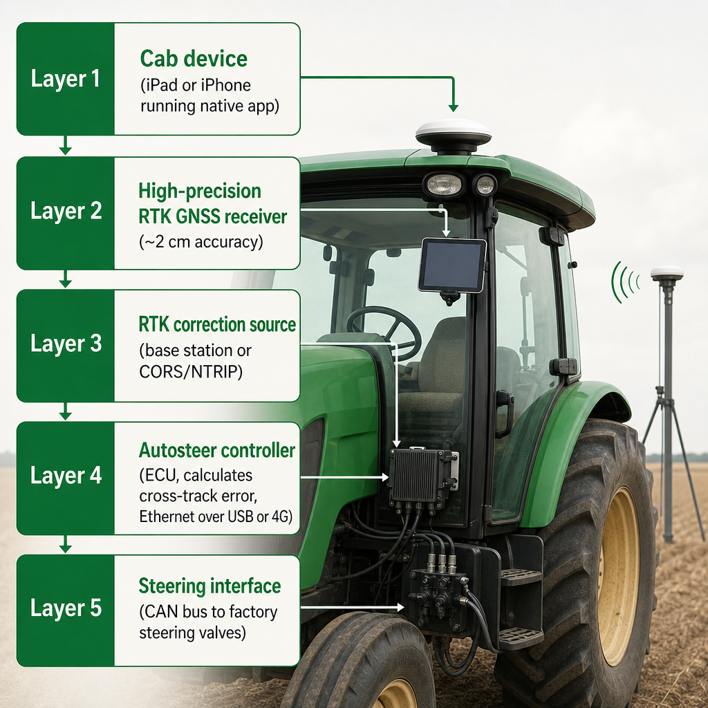 Diagram showing five layers of RTK autosteer from cab device down to CAN bus steering interface