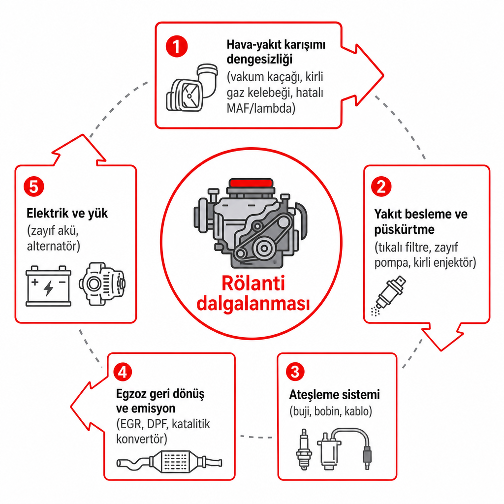 Motor merkezli, rölanti dalgalanmasının beş temel nedenini gösteren teşhis diyagramı